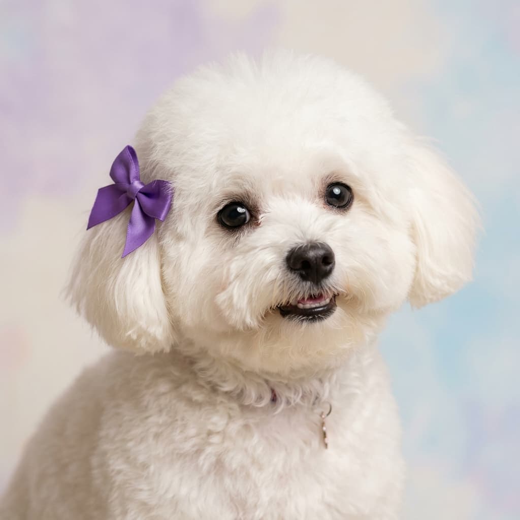 Anjing putih maltese berbulu halus dengan pita ungu lucu