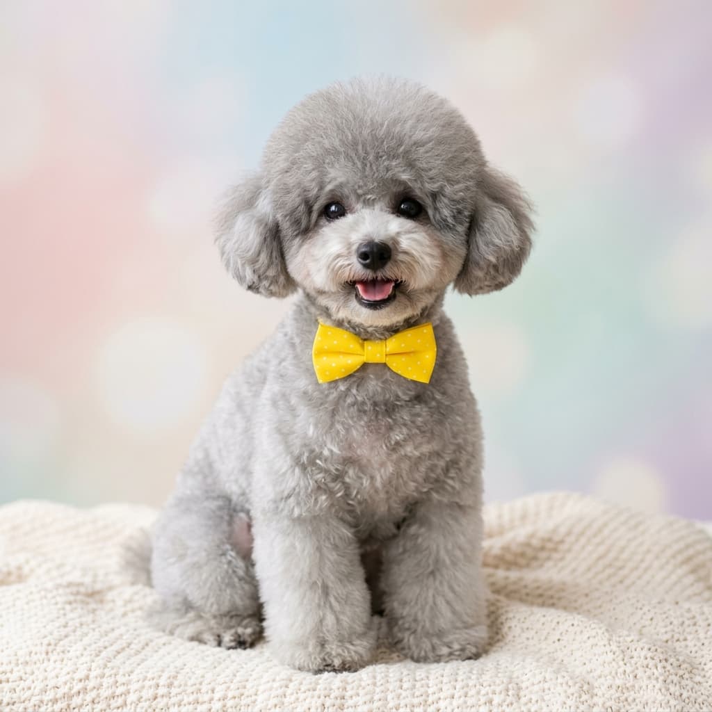 Anjing silver poodle bergaya dengan dasi kupu-kupu kuning