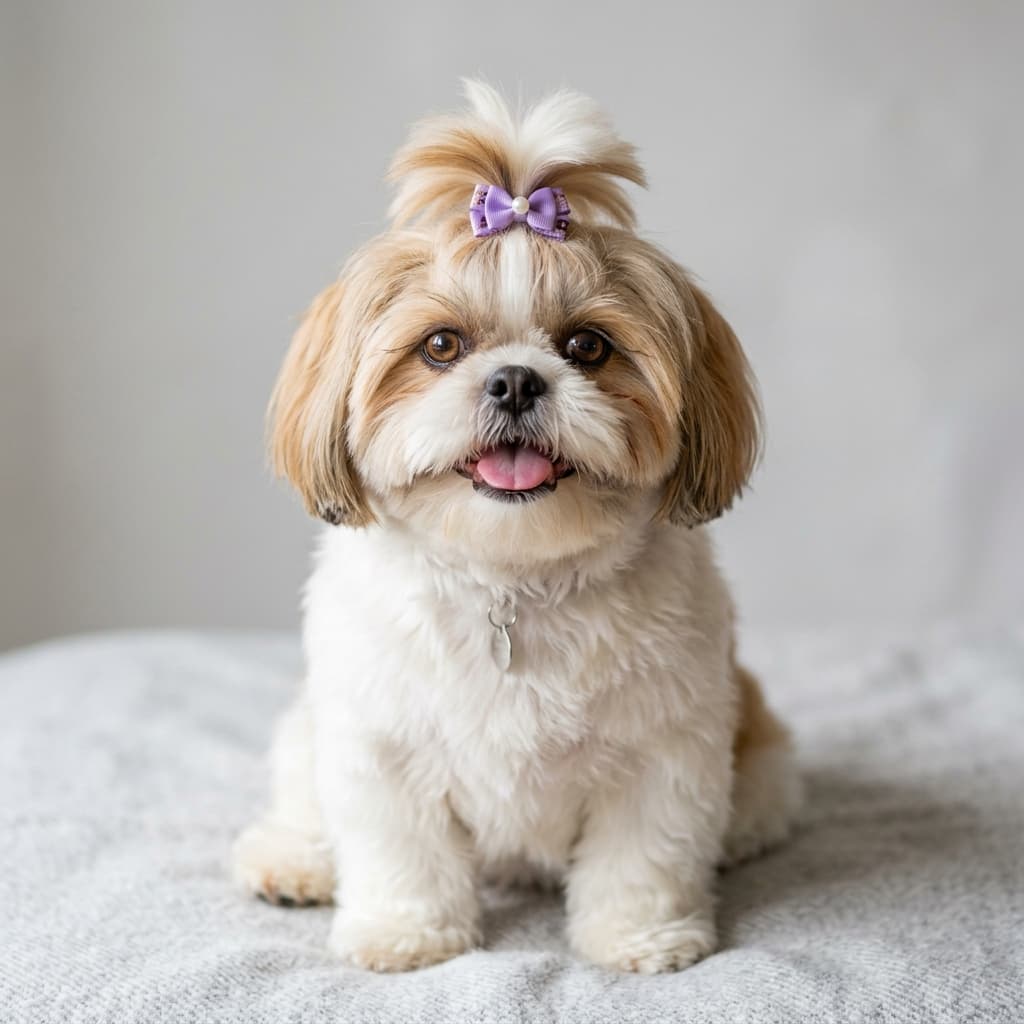 Anjing shih tzu manis dengan kuncir pita ungu