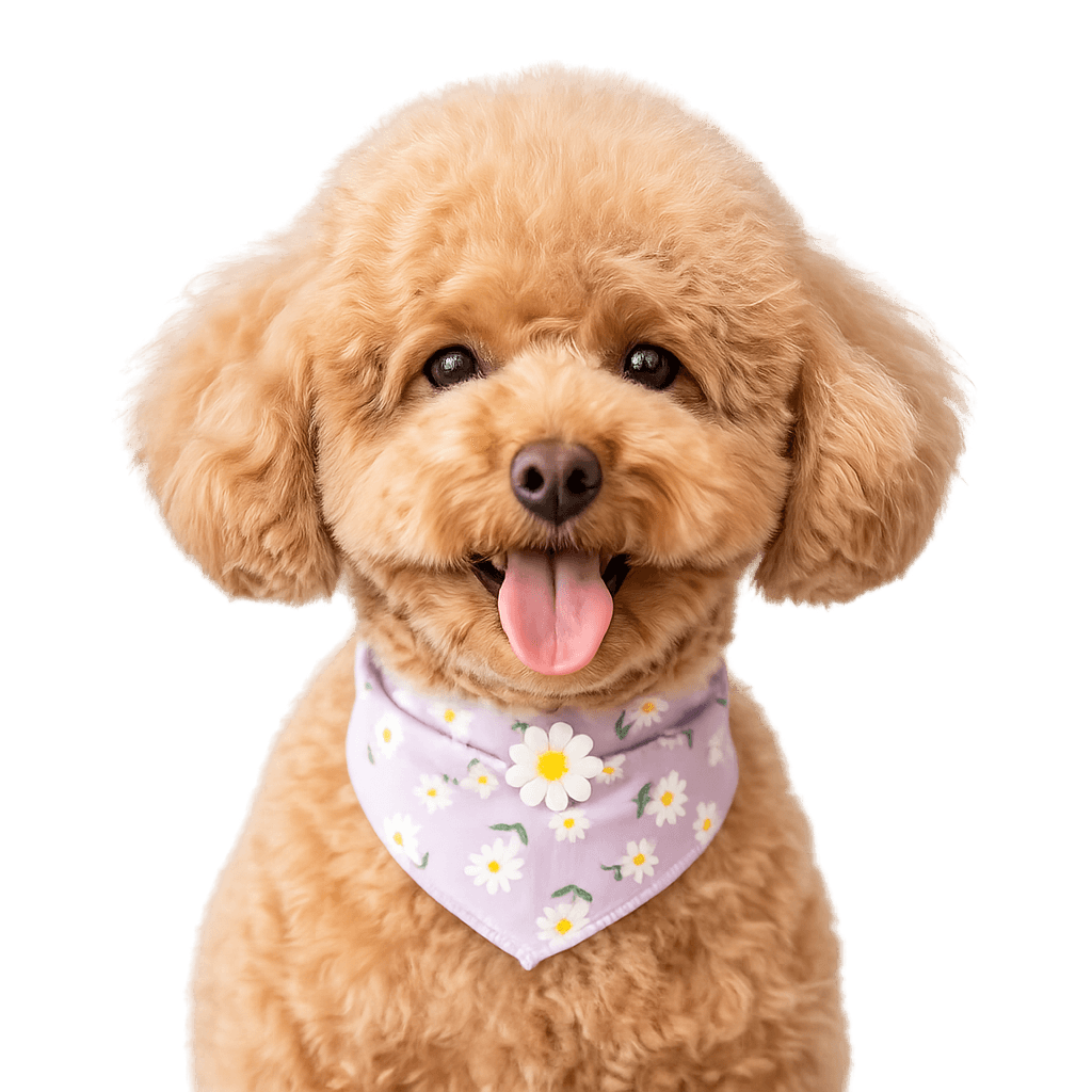 Anjing poodle tersenyum bahagia dengan bandana ungu usai grooming di Pawtopia