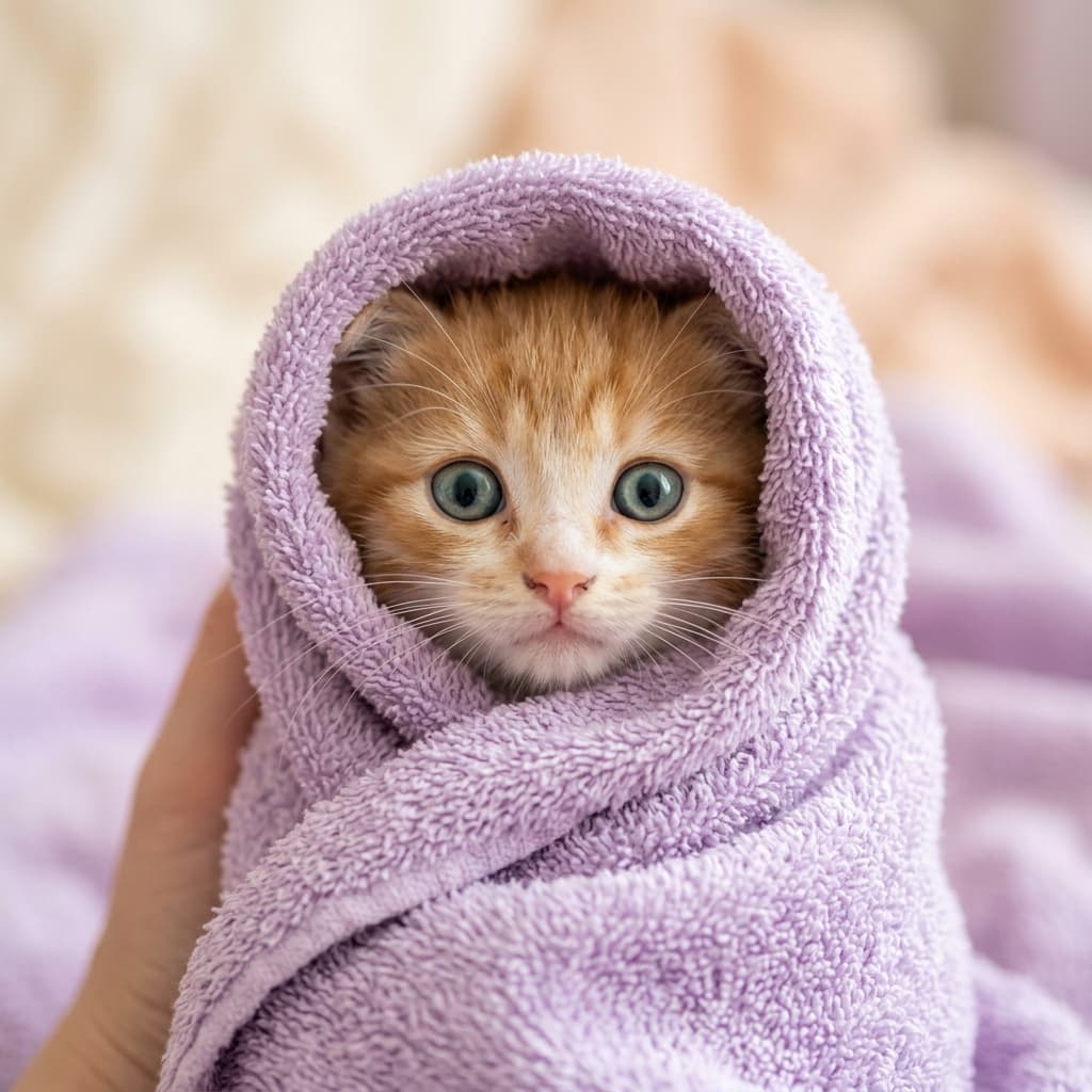 Kucing dibalut handuk ungu hangat dan nyaman usai mandi