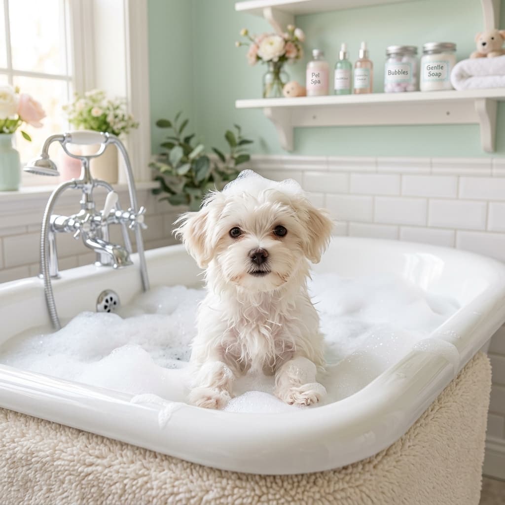 Anjing putih lucu mandi busa segar dalam sesi full grooming