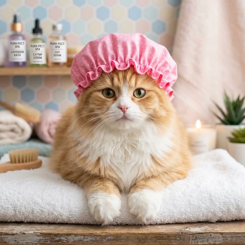 Kucing rileks memakai shower cap pink menikmati perawatan hair spa