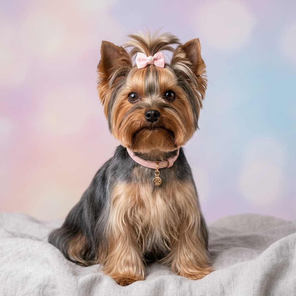 Anjing yorkshire terrier dengan potongan bulu rapi dan pita lucu